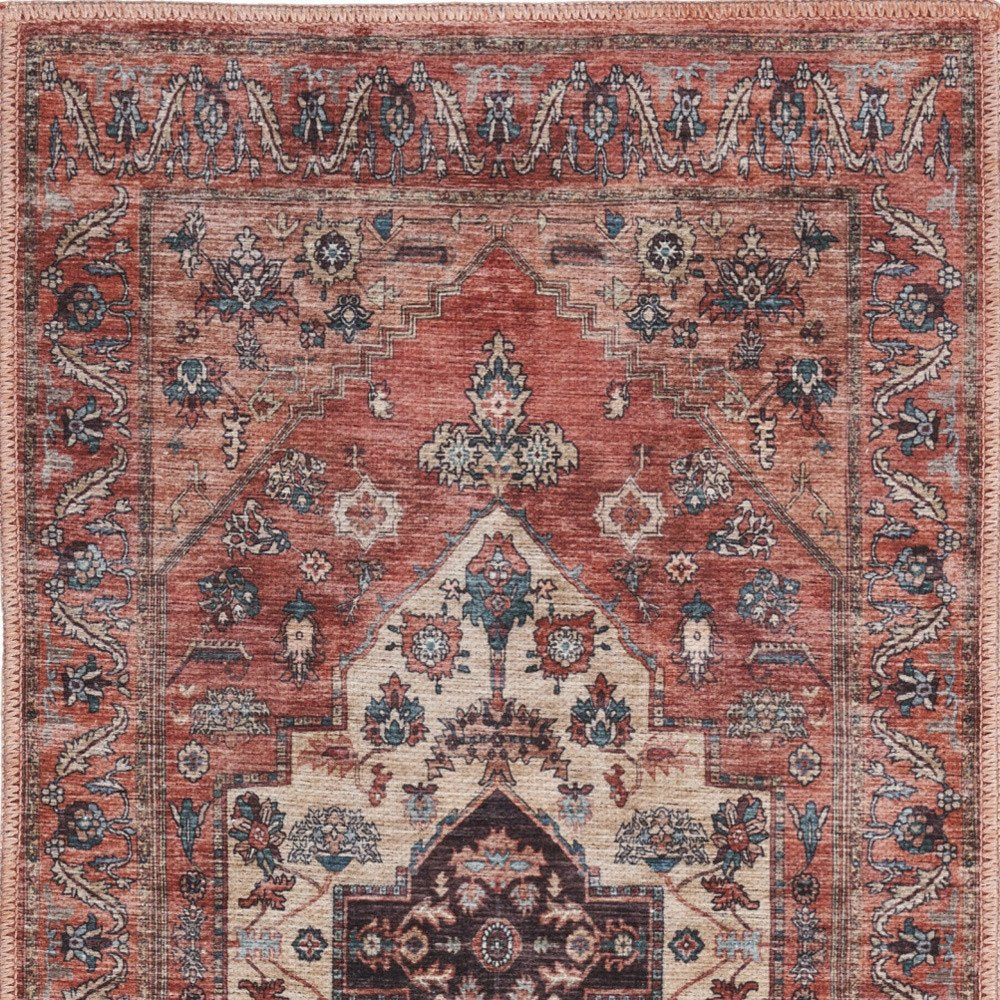 2' X 4' Beige and Red Medallion Power Loom Distressed Washable Non Skid Area Rug