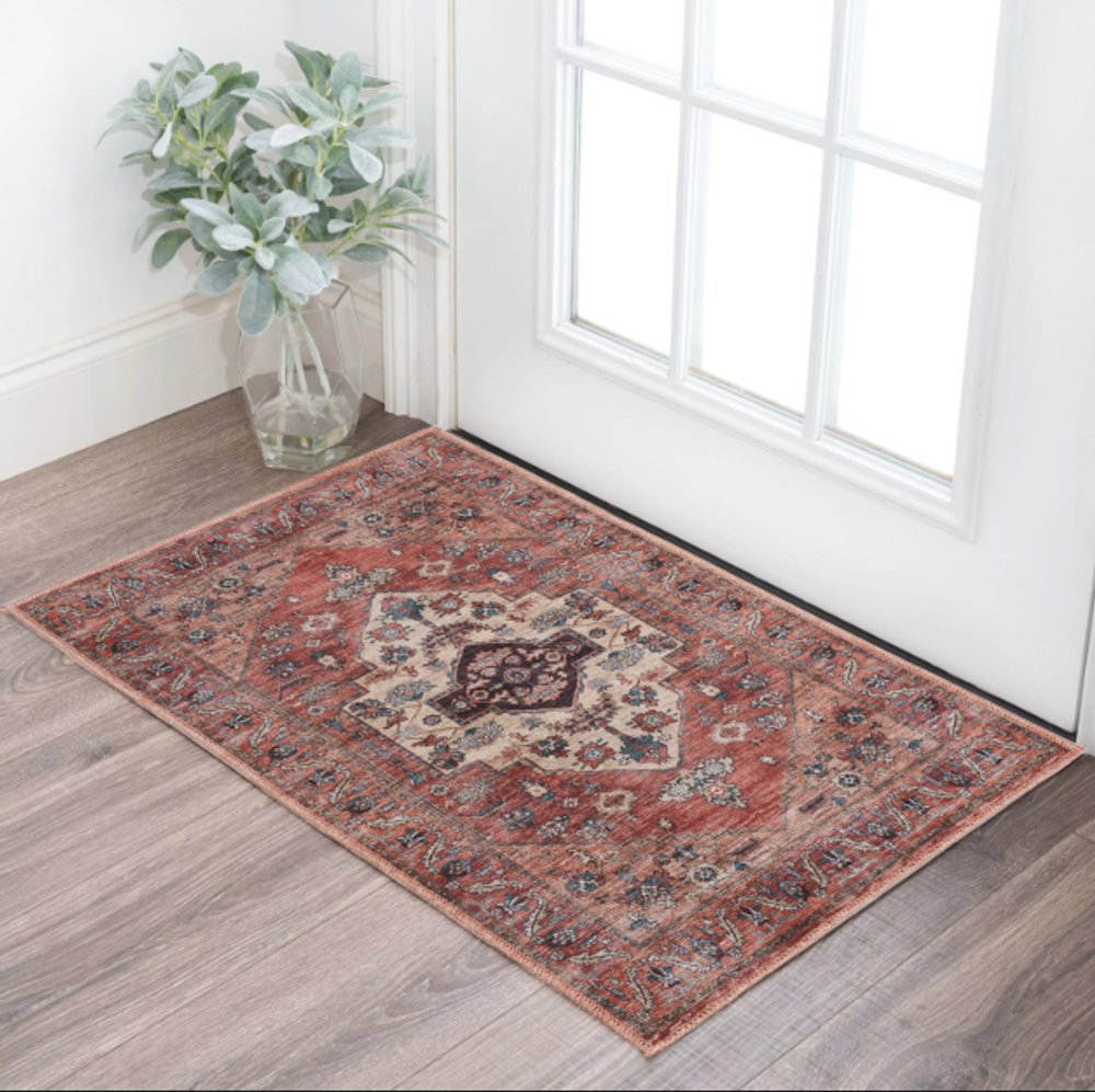 2' X 4' Beige and Red Medallion Power Loom Distressed Washable Non Skid Area Rug