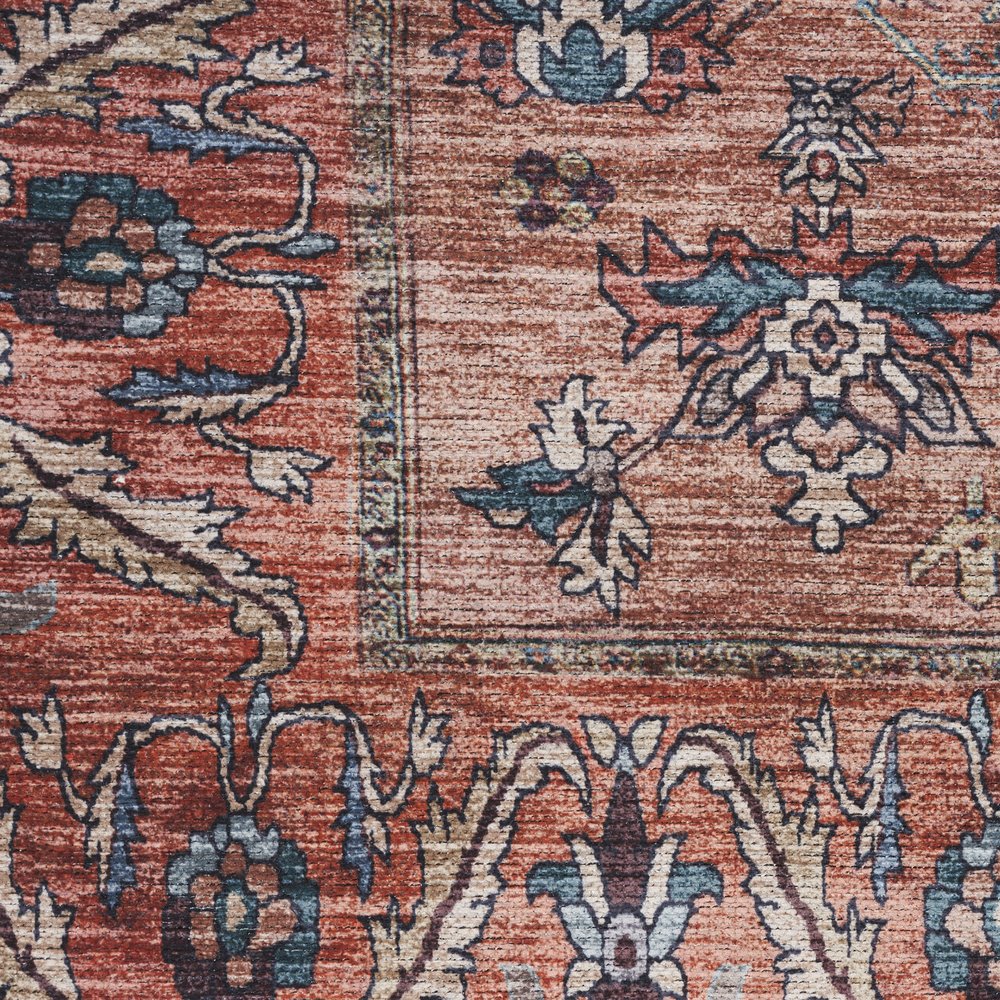 2' X 4' Beige and Red Medallion Power Loom Distressed Washable Non Skid Area Rug