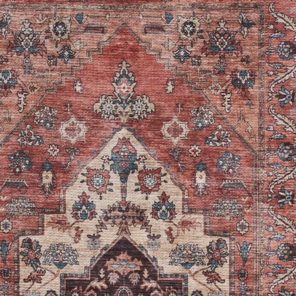 2' X 4' Beige and Red Medallion Power Loom Distressed Washable Non Skid Area Rug