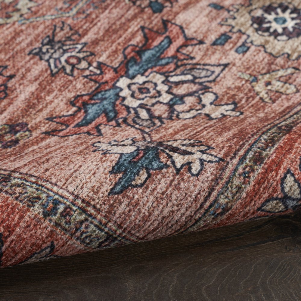 2' X 4' Beige and Red Medallion Power Loom Distressed Washable Non Skid Area Rug