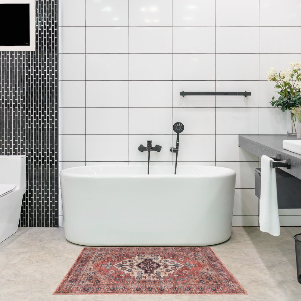 2' X 4' Beige and Red Medallion Power Loom Distressed Washable Non Skid Area Rug