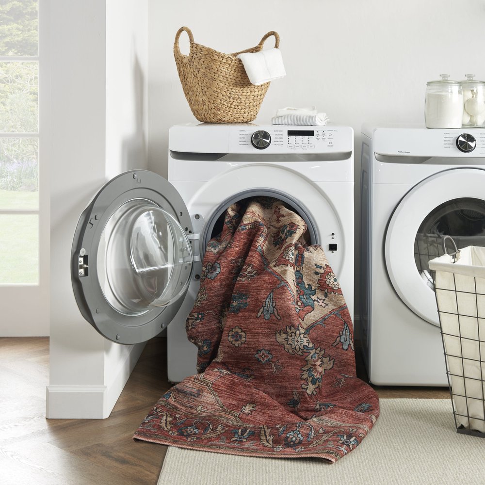 2' X 4' Beige and Red Medallion Power Loom Distressed Washable Non Skid Area Rug