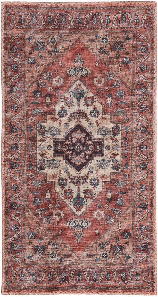 2' X 4' Beige and Red Medallion Power Loom Distressed Washable Non Skid Area Rug
