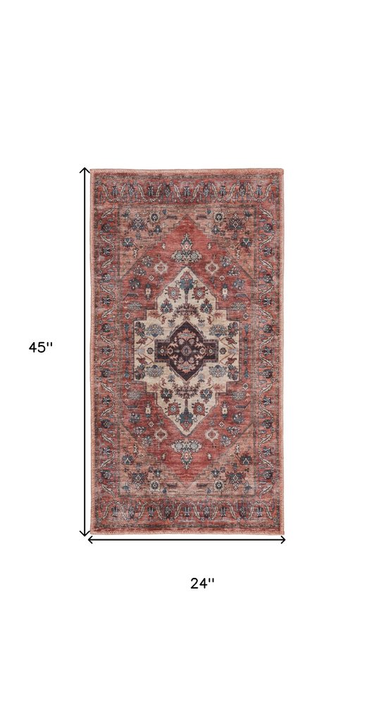 2' X 4' Beige and Red Medallion Power Loom Distressed Washable Non Skid Area Rug