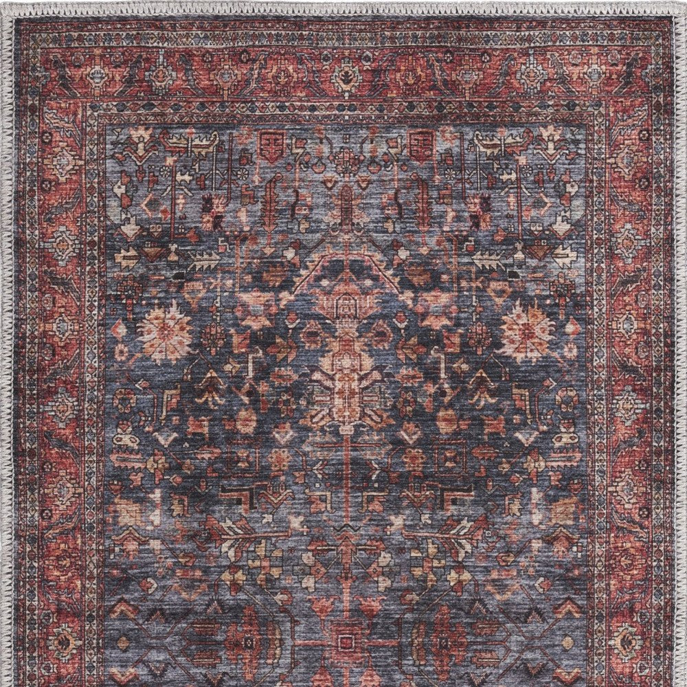 2' X 4' Blue and Red Oriental Power Loom Distressed Washable Non Skid Area Rug