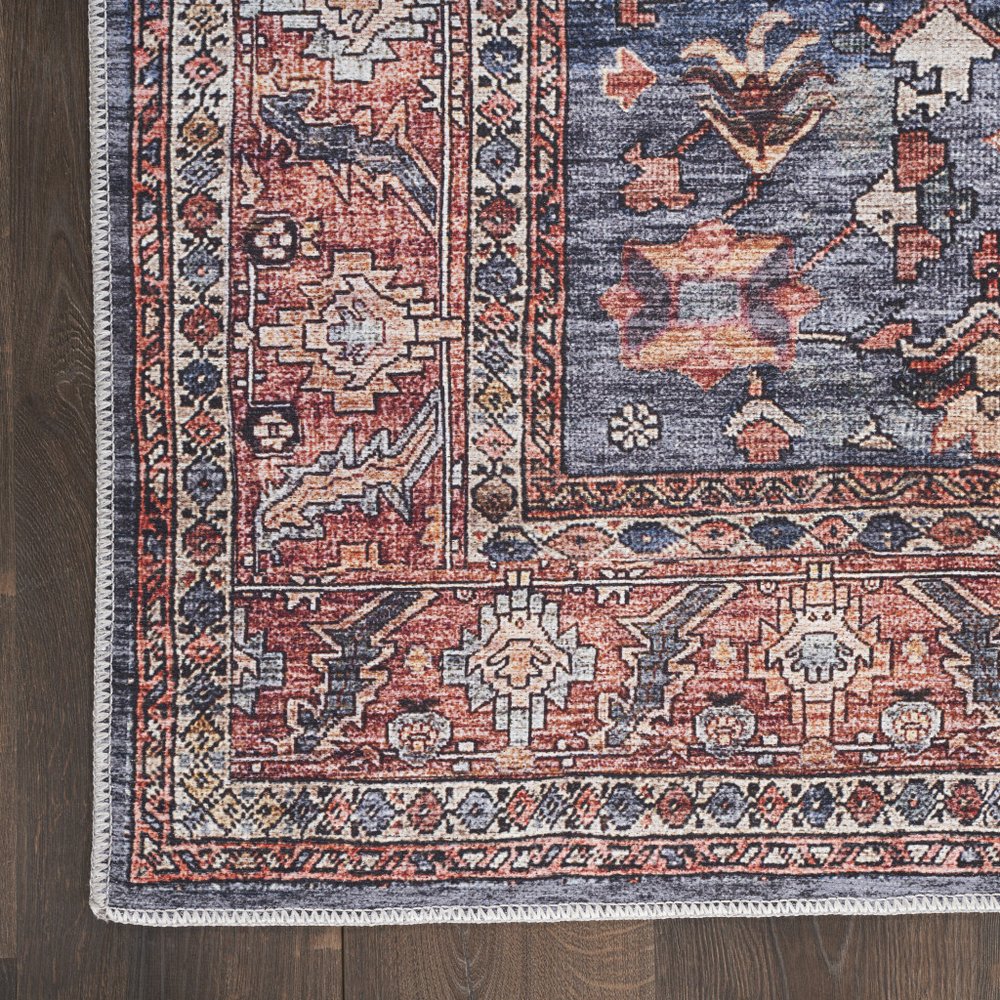 2' X 4' Blue and Red Oriental Power Loom Distressed Washable Non Skid Area Rug