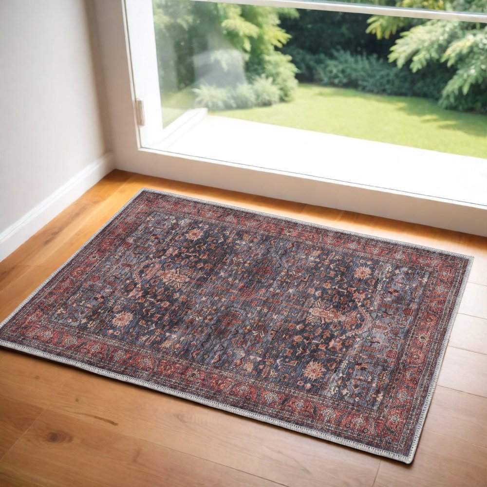 2' X 4' Blue and Red Oriental Power Loom Distressed Washable Non Skid Area Rug