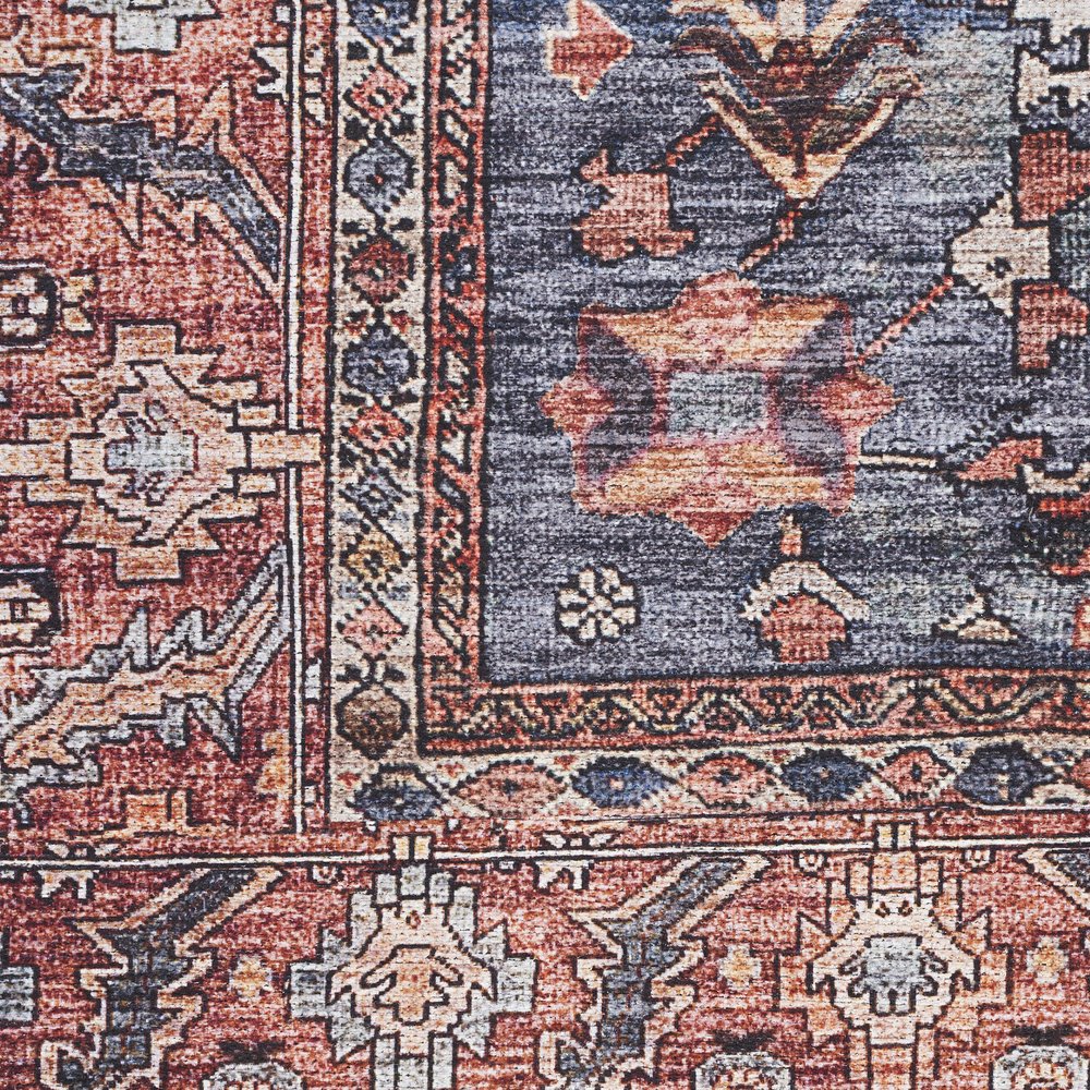 2' X 4' Blue and Red Oriental Power Loom Distressed Washable Non Skid Area Rug