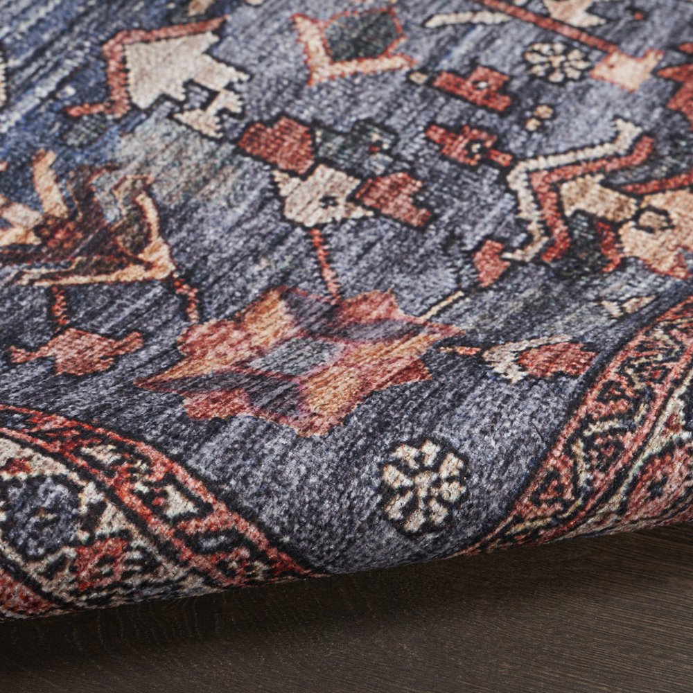 2' X 4' Blue and Red Oriental Power Loom Distressed Washable Non Skid Area Rug