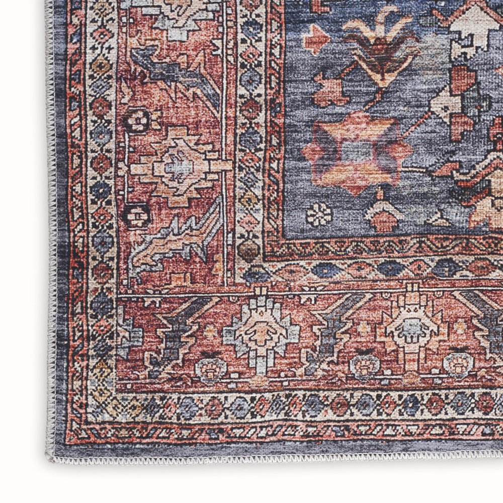 2' X 4' Blue and Red Oriental Power Loom Distressed Washable Non Skid Area Rug