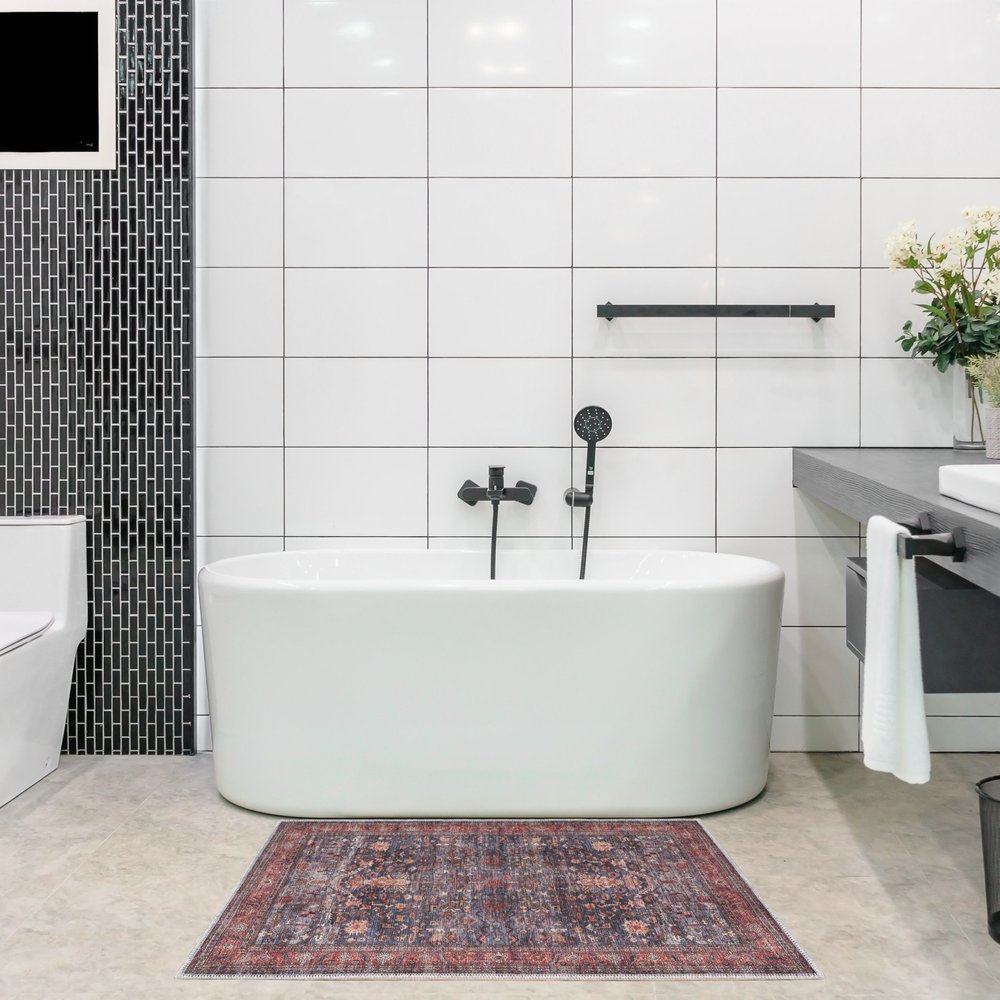 2' X 4' Blue and Red Oriental Power Loom Distressed Washable Non Skid Area Rug