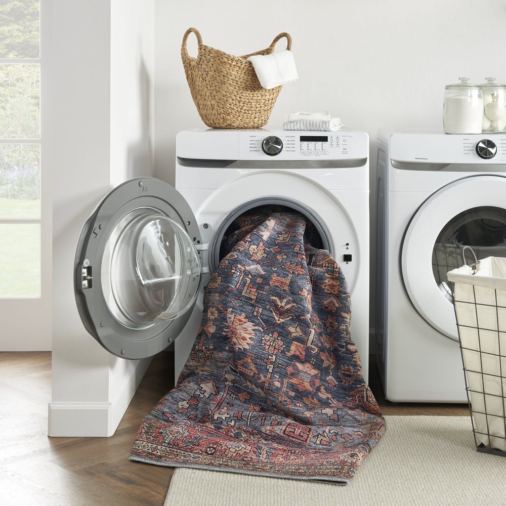 2' X 4' Blue and Red Oriental Power Loom Distressed Washable Non Skid Area Rug