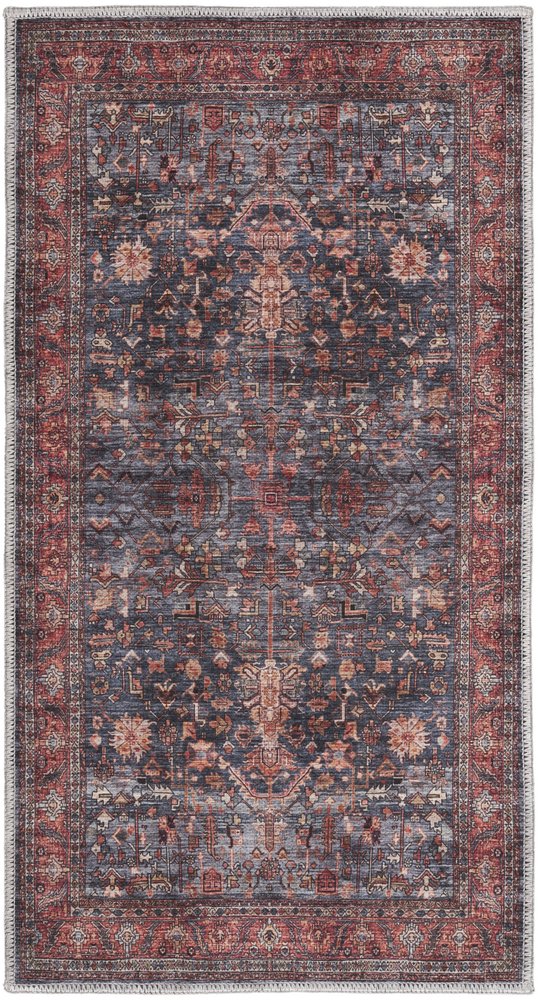 2' X 4' Blue and Red Oriental Power Loom Distressed Washable Non Skid Area Rug