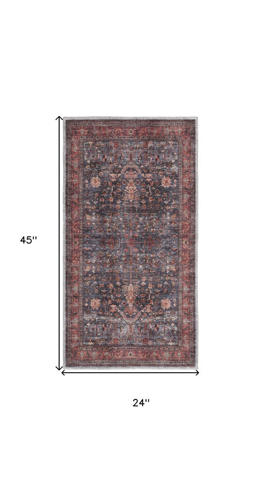 2' X 4' Blue and Red Oriental Power Loom Distressed Washable Non Skid Area Rug