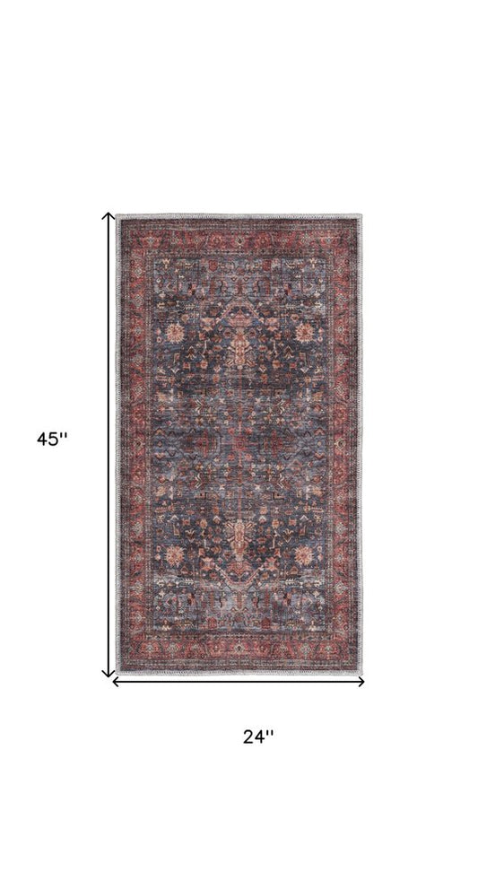 2' X 4' Blue and Red Oriental Power Loom Distressed Washable Non Skid Area Rug