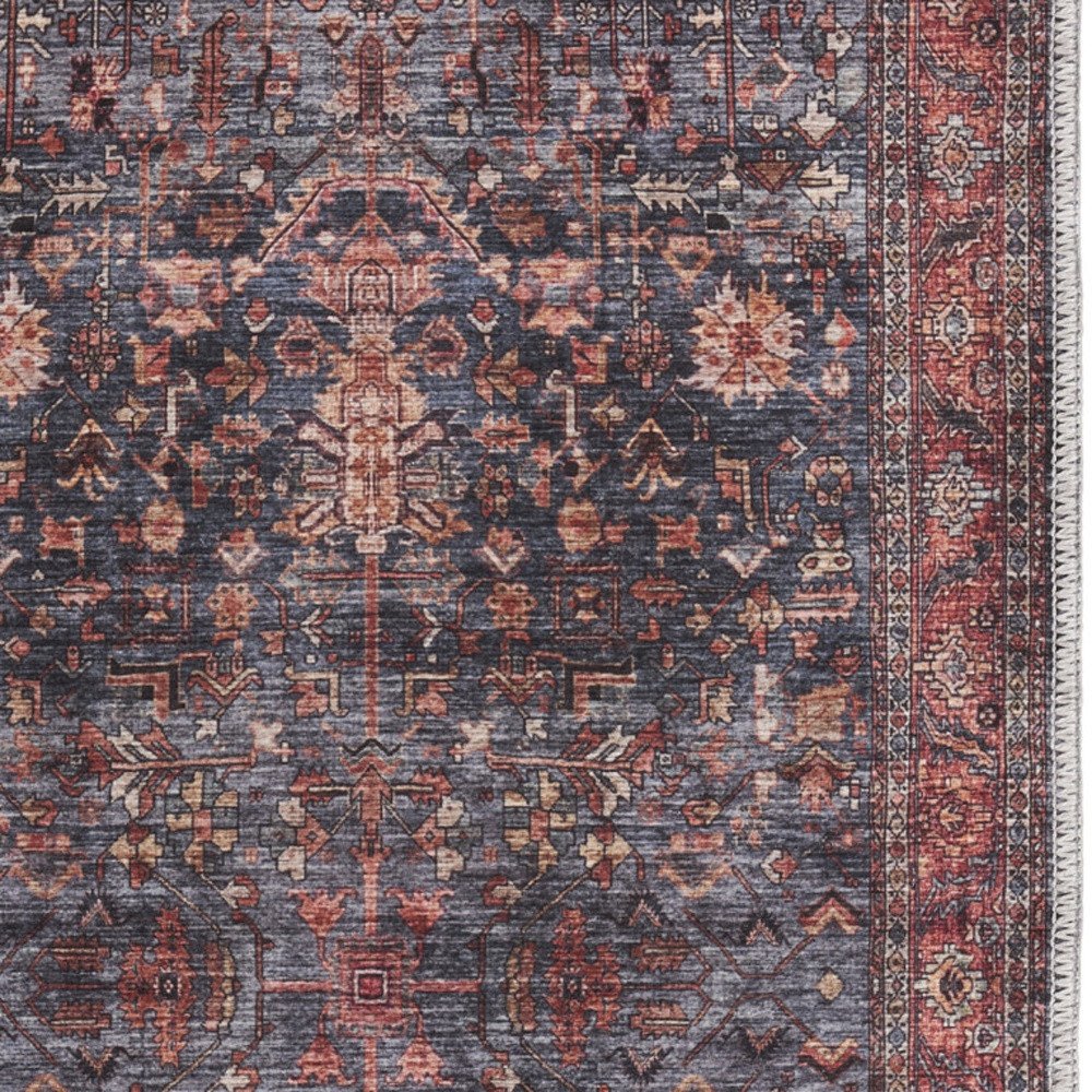 2' X 4' Blue and Red Oriental Power Loom Distressed Washable Non Skid Area Rug