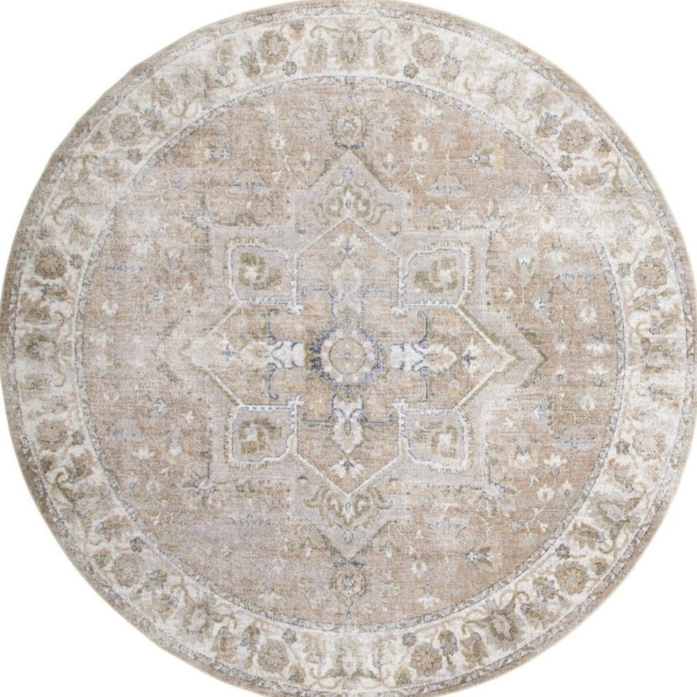 5' Beige and Ivory Round Floral Medallion Power Loom Washable Area Rug