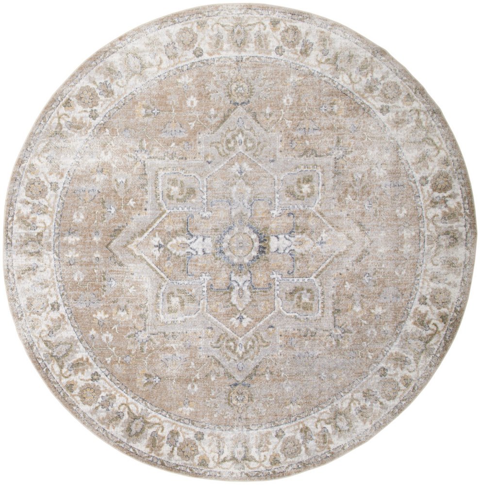 5' Beige and Ivory Round Floral Medallion Power Loom Washable Area Rug