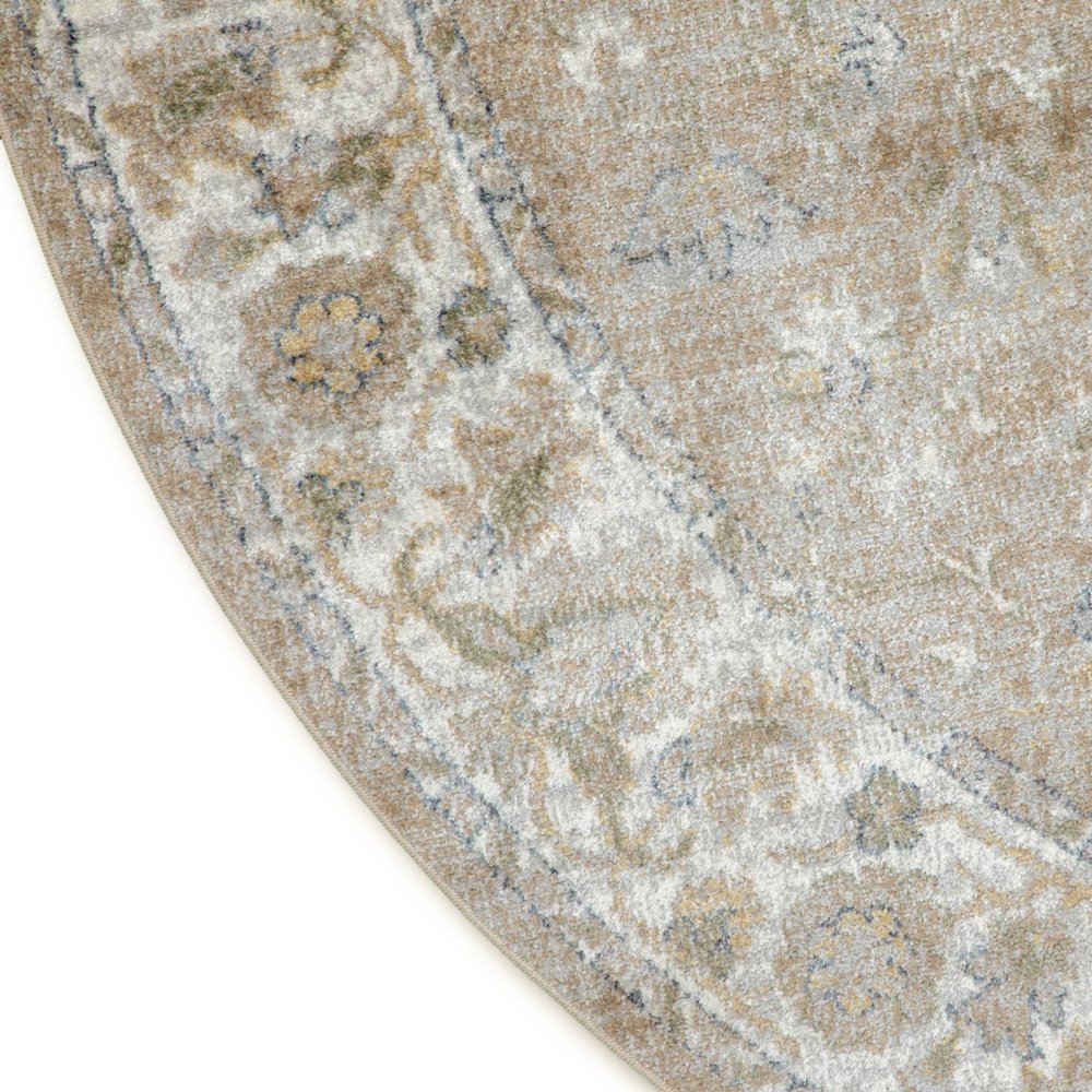 5' Beige and Ivory Round Floral Medallion Power Loom Washable Area Rug