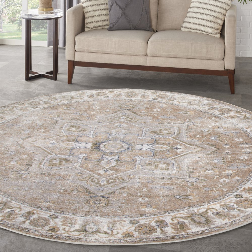 5' Beige and Ivory Round Floral Medallion Power Loom Washable Area Rug