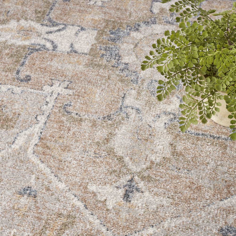 5' Beige and Ivory Round Floral Medallion Power Loom Washable Area Rug