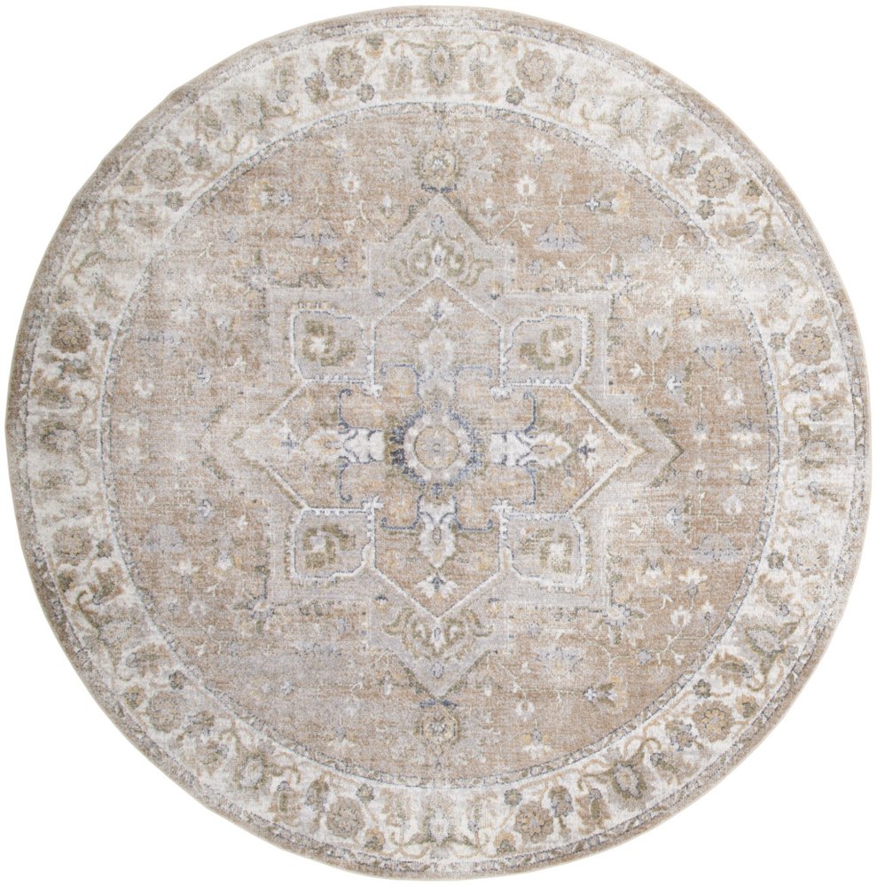 5' Beige and Ivory Round Floral Medallion Power Loom Washable Area Rug