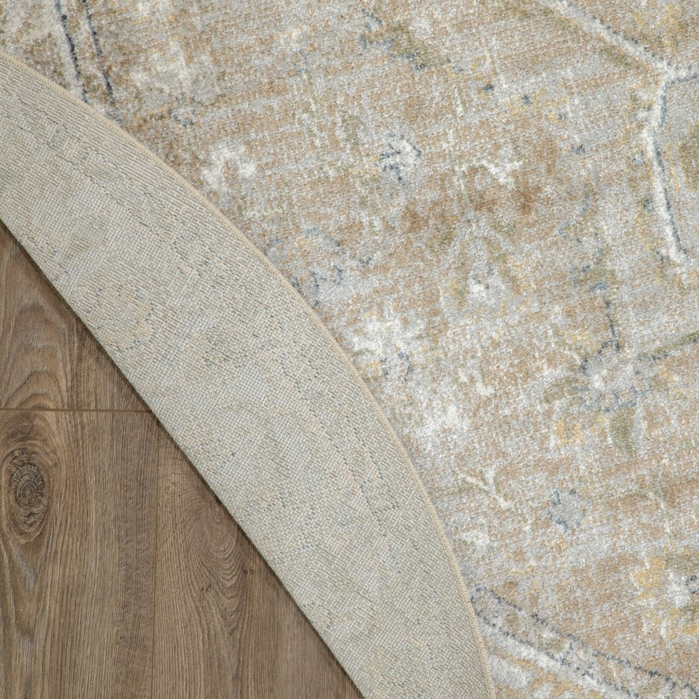 5' Beige and Ivory Round Floral Medallion Power Loom Washable Area Rug