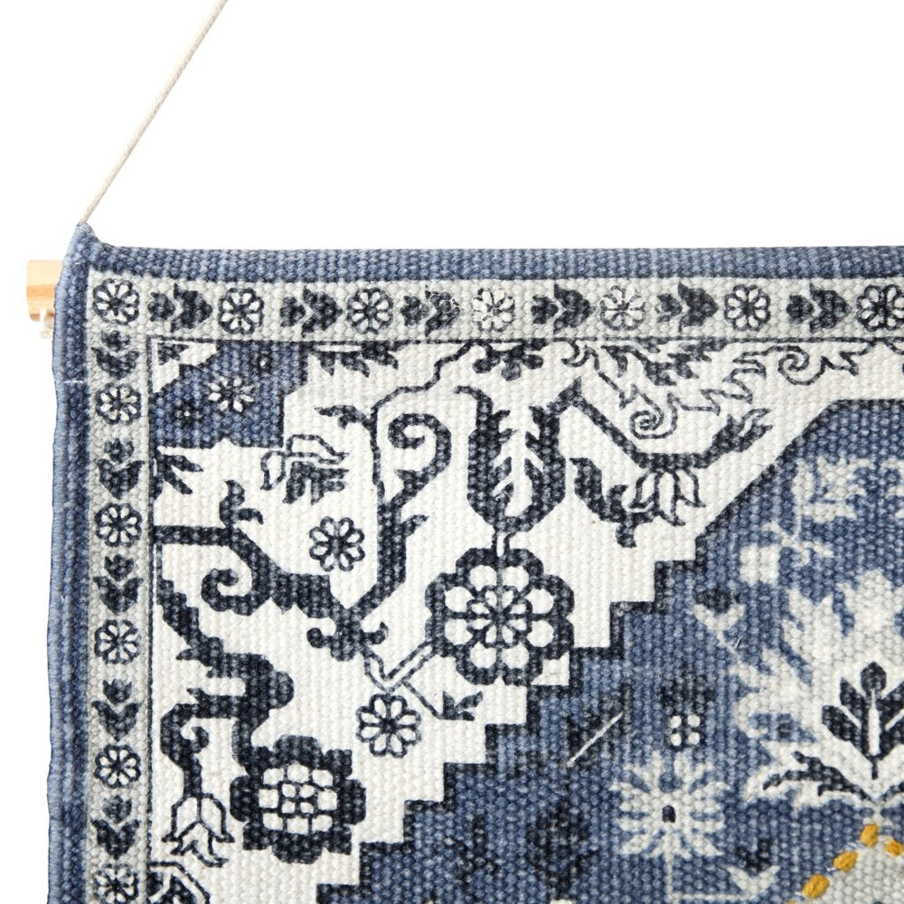 26" X 49" Blue And White Flower Floral Cotton Macrame Hanging Tapestry