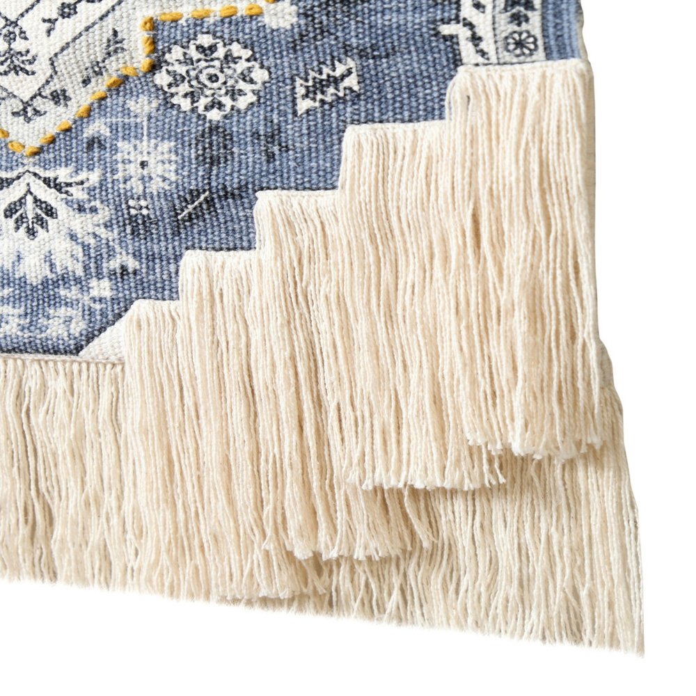 26" X 49" Blue And White Flower Floral Cotton Macrame Hanging Tapestry