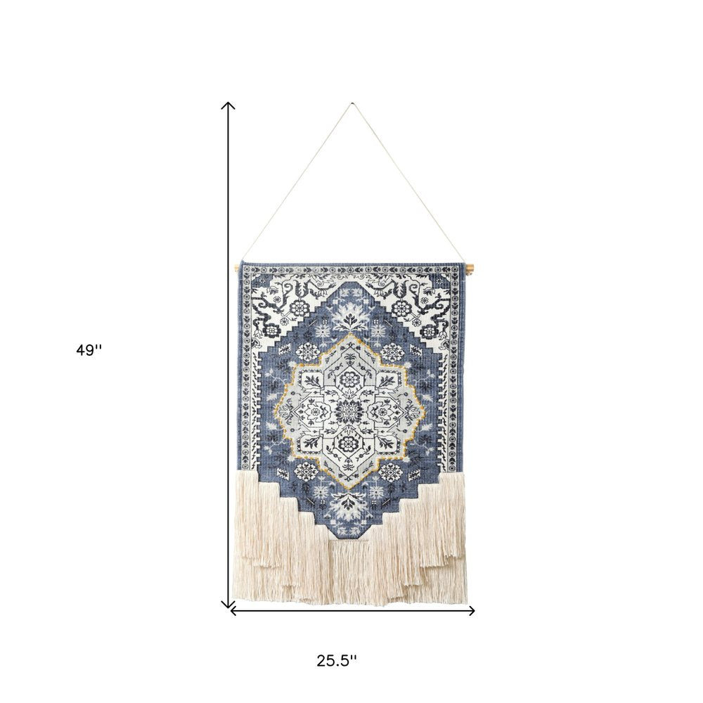 26" X 49" Blue And White Flower Floral Cotton Macrame Hanging Tapestry
