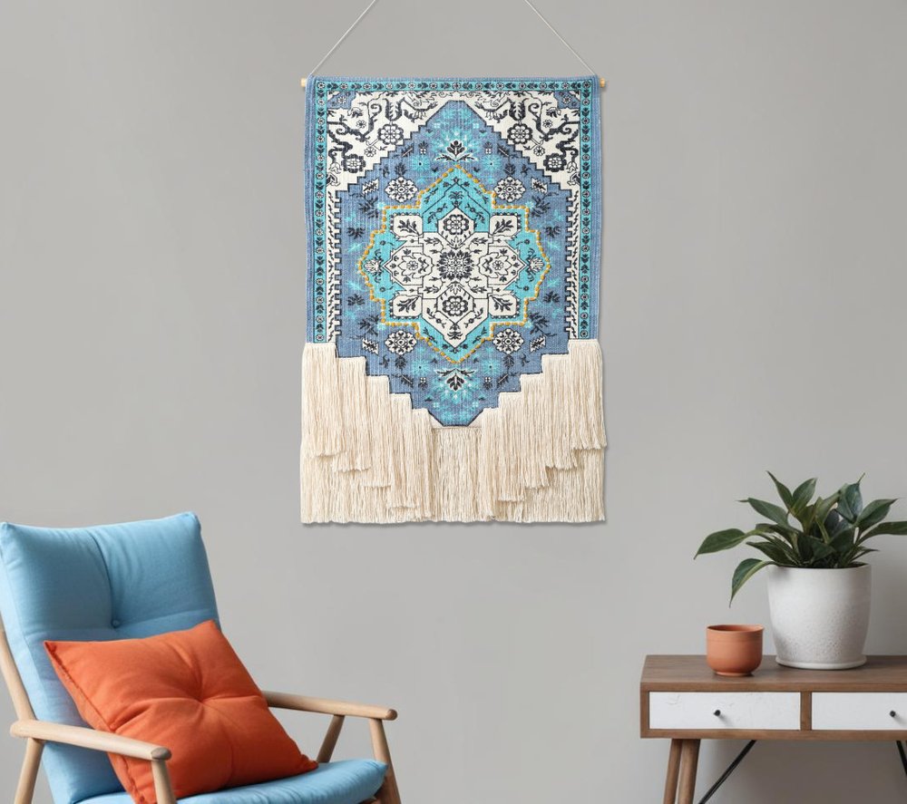 26" X 45" Blue Aqua And Ivory Flower Floral Cotton Macrame Hanging Tapestry