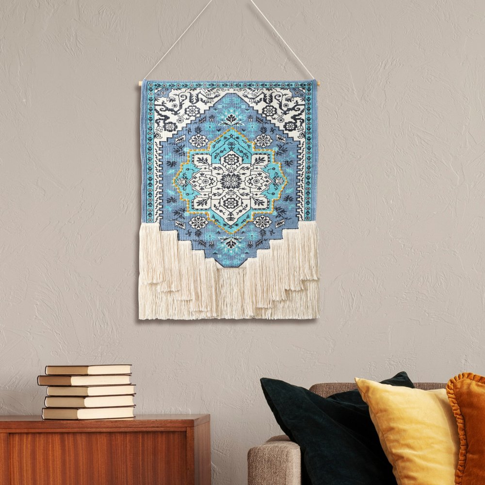 26" X 45" Blue Aqua And Ivory Flower Floral Cotton Macrame Hanging Tapestry
