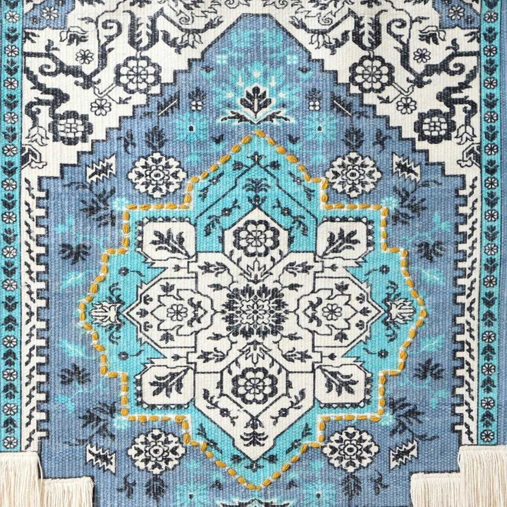 26" X 45" Blue Aqua And Ivory Flower Floral Cotton Macrame Hanging Tapestry