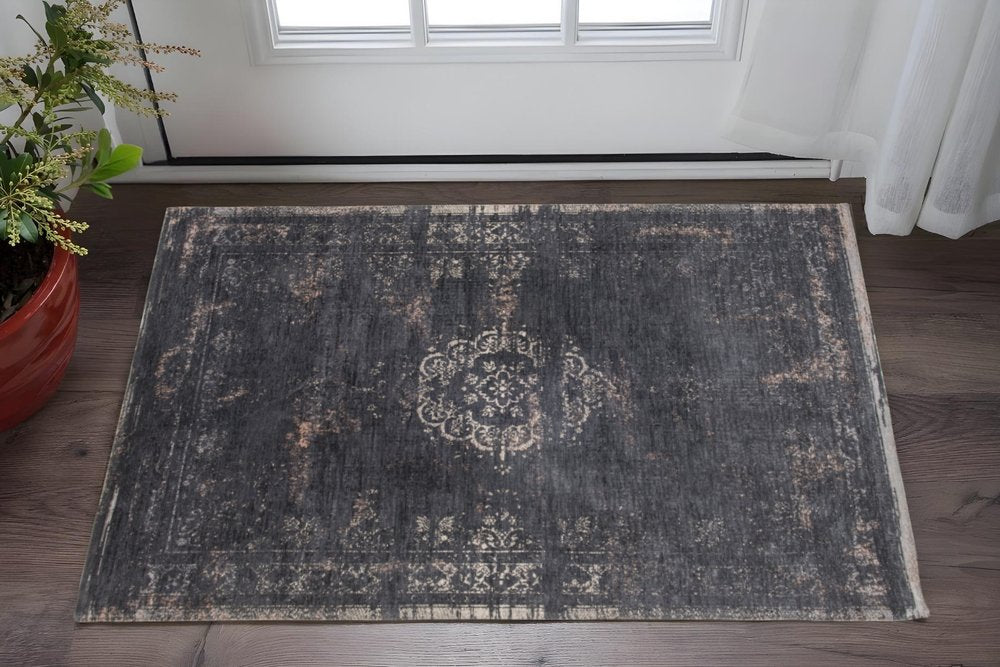 3' X 5' Gray and Black Medallion Non Skid Area Rug