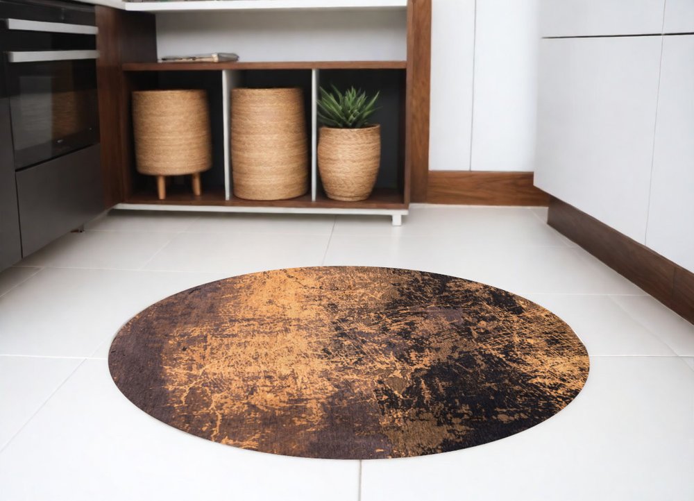 5' Yellow and Brown Round Abstract Non Skid Area Rug
