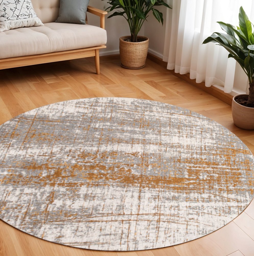 8' Yellow and Brown Round Abstract Non Skid Area Rug