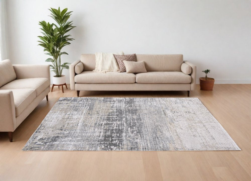 9' X 13' Gray and White Abstract Non Skid Area Rug