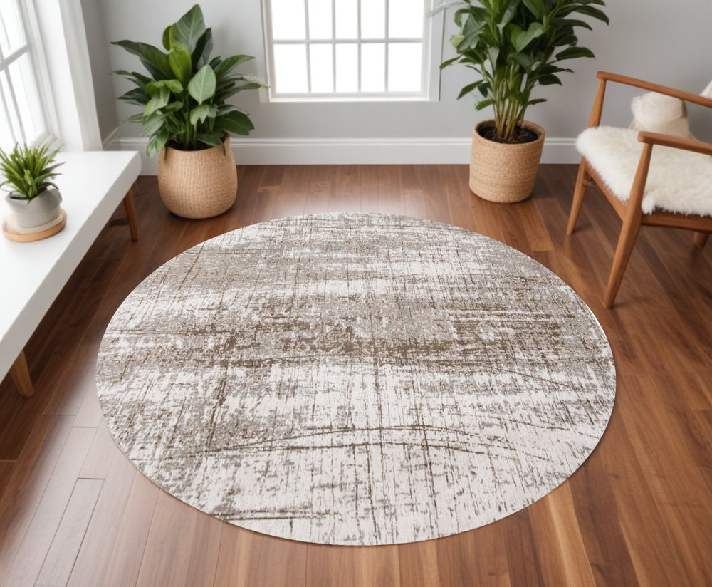 8' Gray and Beige Round Abstract Non Skid Area Rug