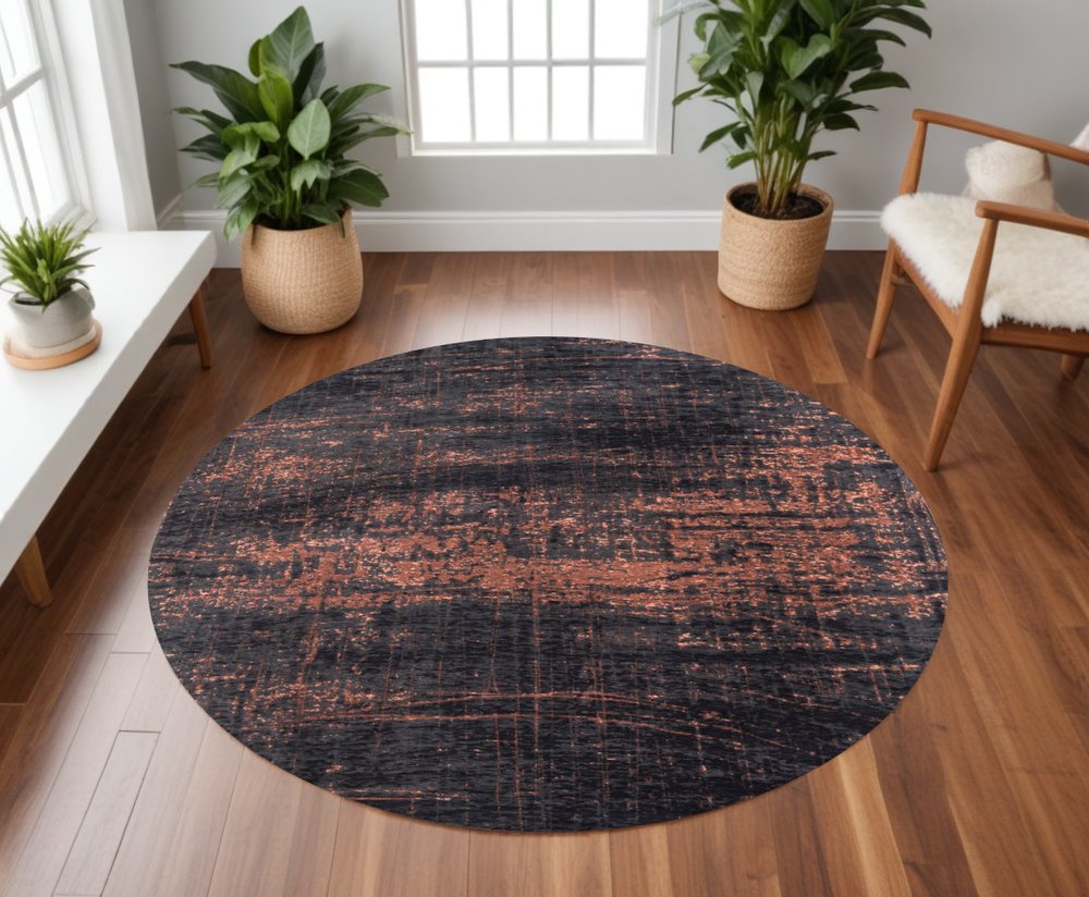 8' Black and Gold Round Abstract Non Skid Area Rug