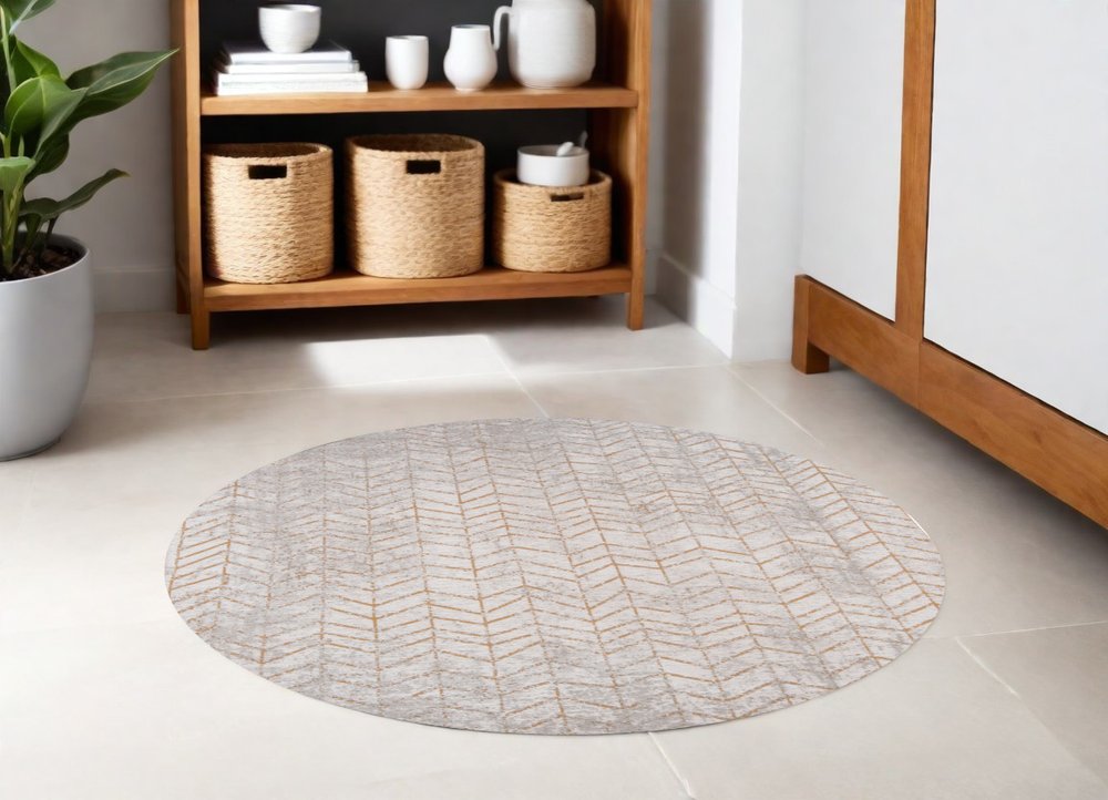 5' Gray and Yellow Round Chevron Non Skid Area Rug