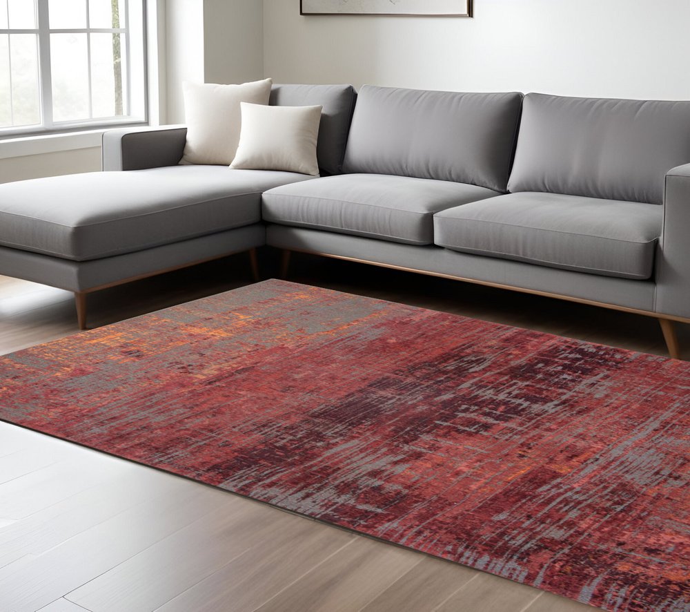 6' X 8' Red and Gray Abstract Non Skid Area Rug