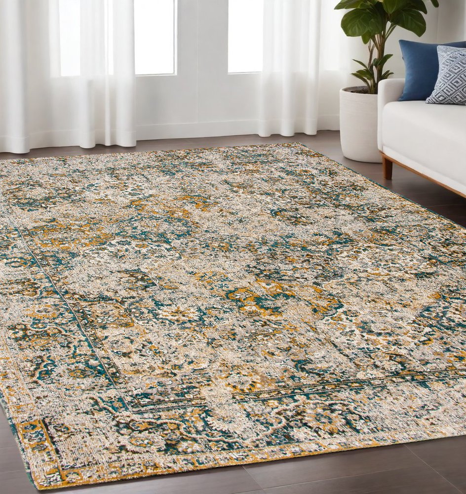 5' X 7' Blue and Green Abstract Non Skid Area Rug