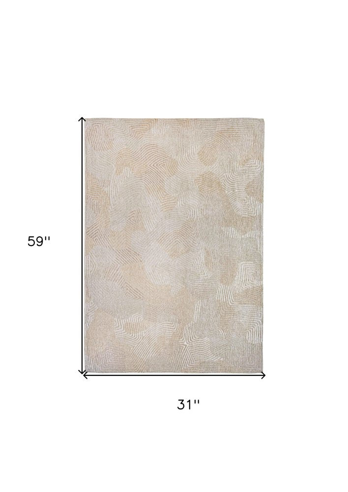 3' X 5' Beige and White Abstract Non Skid Area Rug