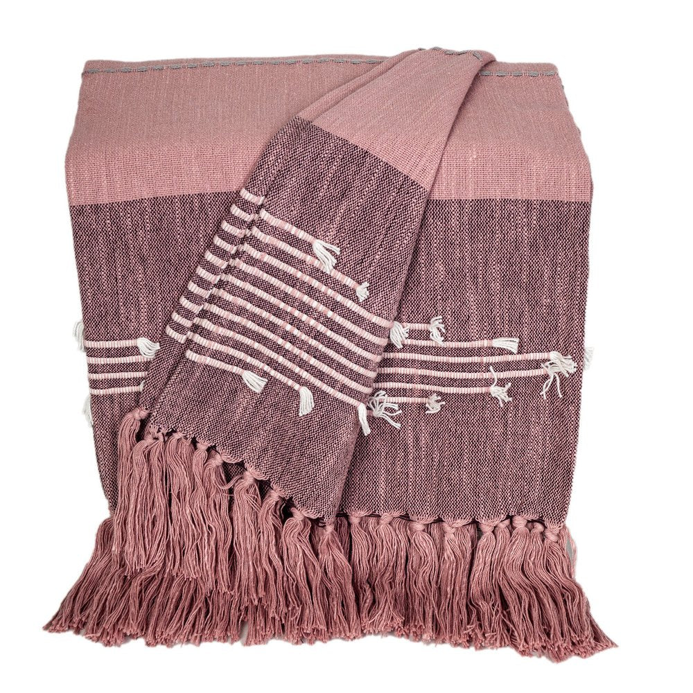 50" X 60" Pink Woven Cotton Striped Throw Blanket with Tassels and Embroidery