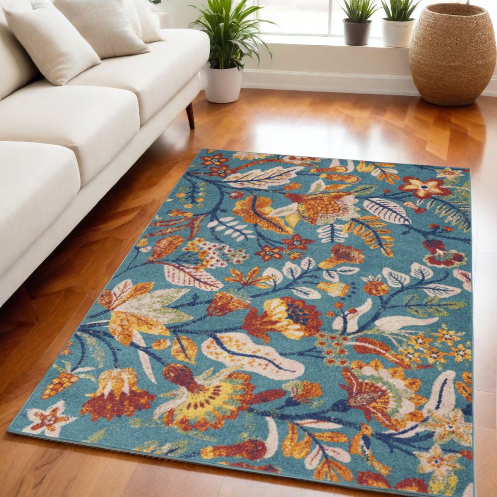 5' X 7' Aqua Floral Power Loom Area Rug