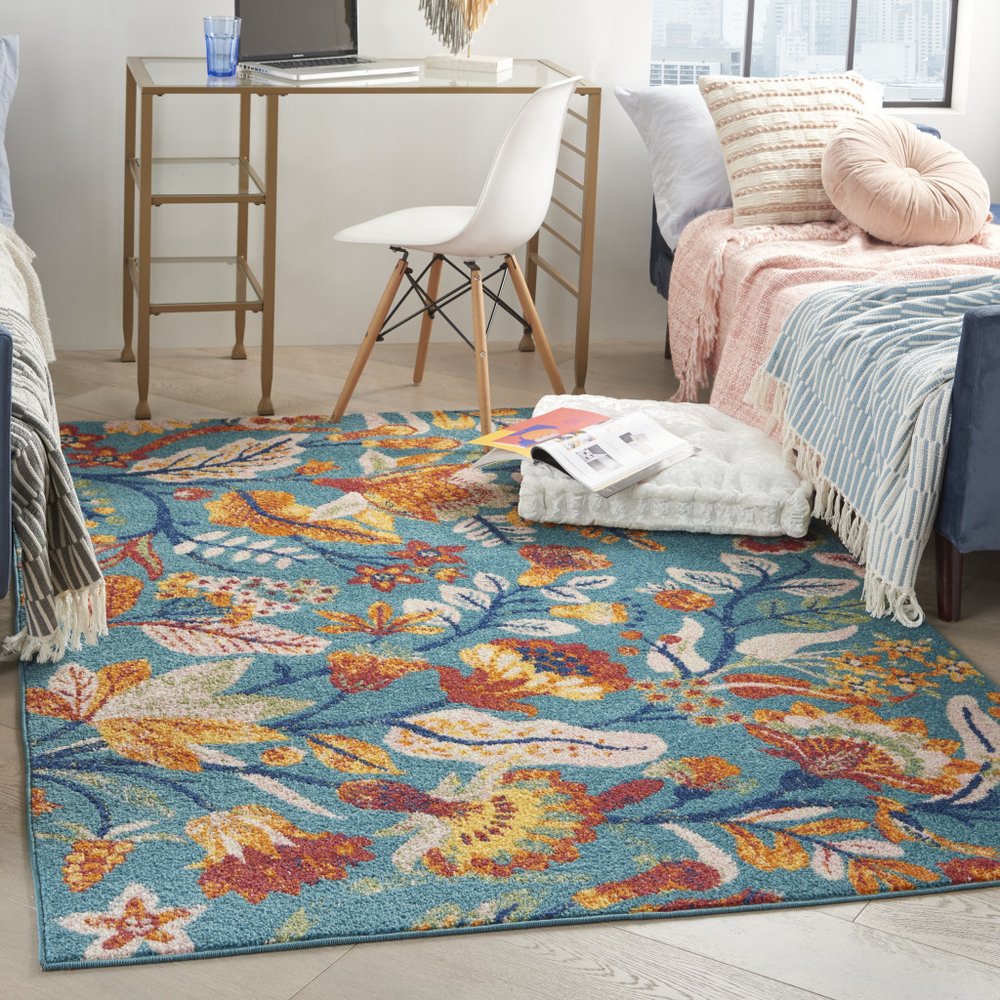 5' X 7' Aqua Floral Power Loom Area Rug