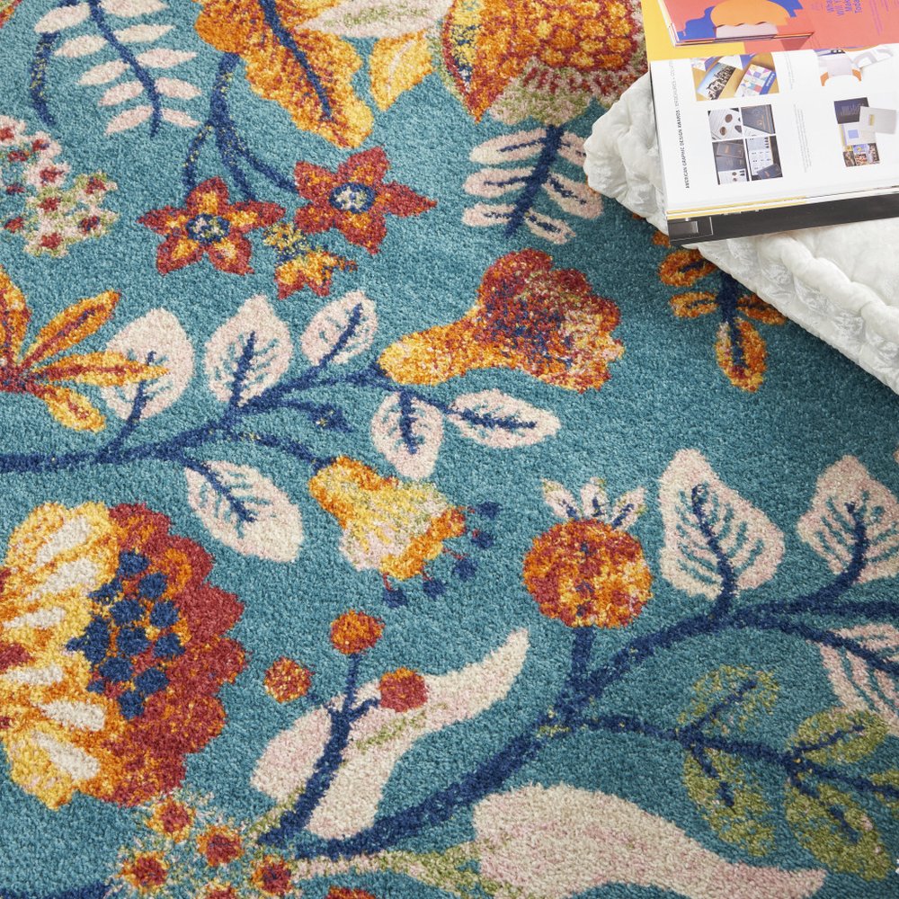 5' X 7' Aqua Floral Power Loom Area Rug