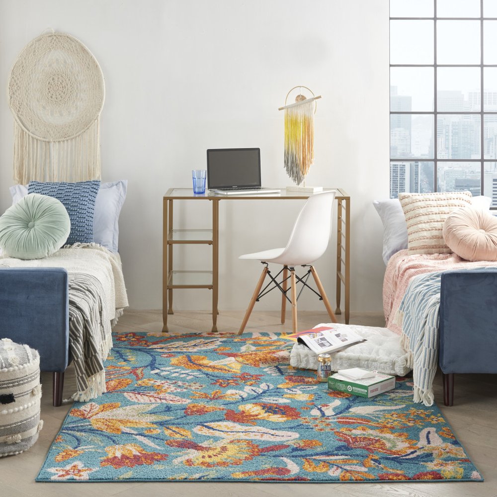 5' X 7' Aqua Floral Power Loom Area Rug