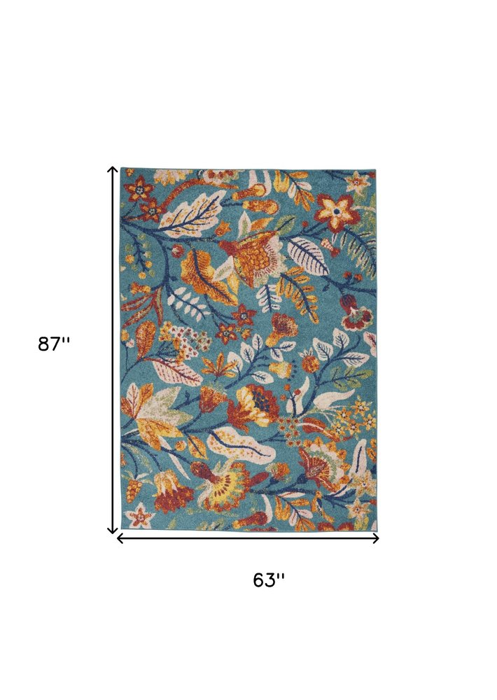 5' X 7' Aqua Floral Power Loom Area Rug